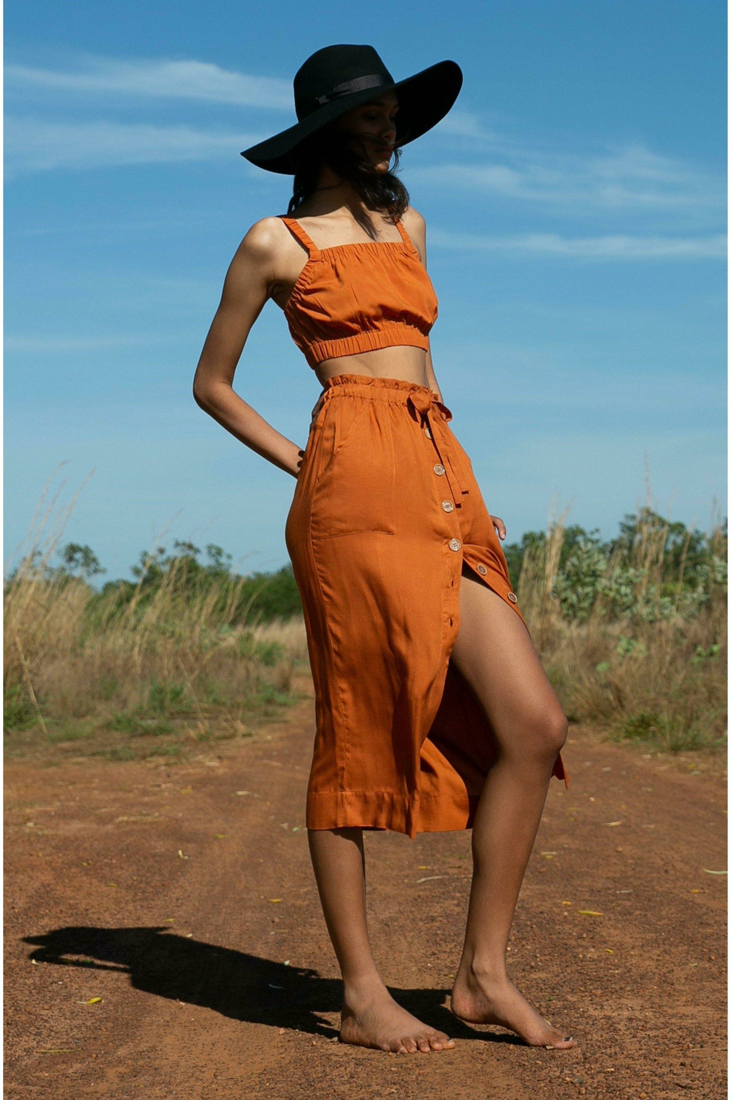 Essentials Terracotta Loren Midi Skirt - WALLIS AND JAZZ - THE TROPICAL FASHION HOUSE